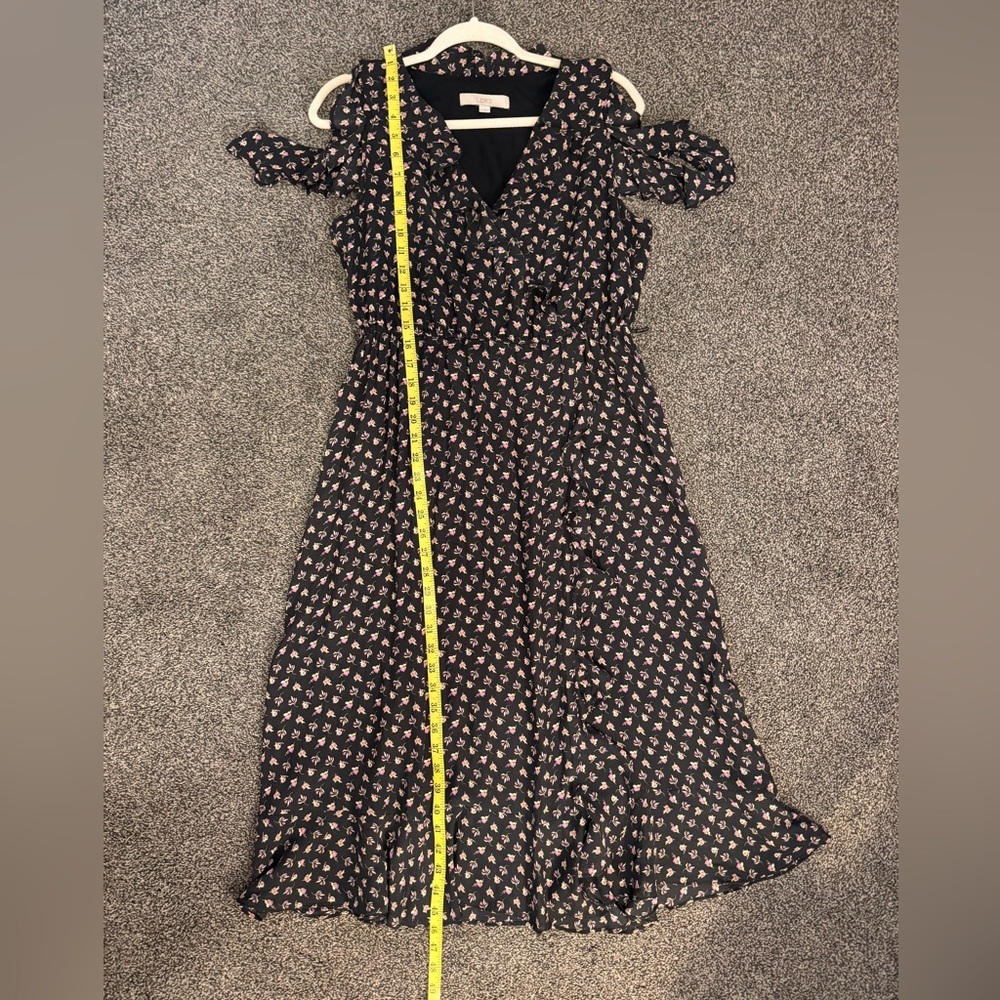 LOFT Black & Pink Midi Dress Faux Wrap Size Medium Cold Shoulder Missing Belt - Picture 12 of 12